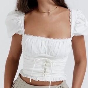 House of CB Samaya White Corset Gathered Top Puff Short Sleeve Lace Up size L+